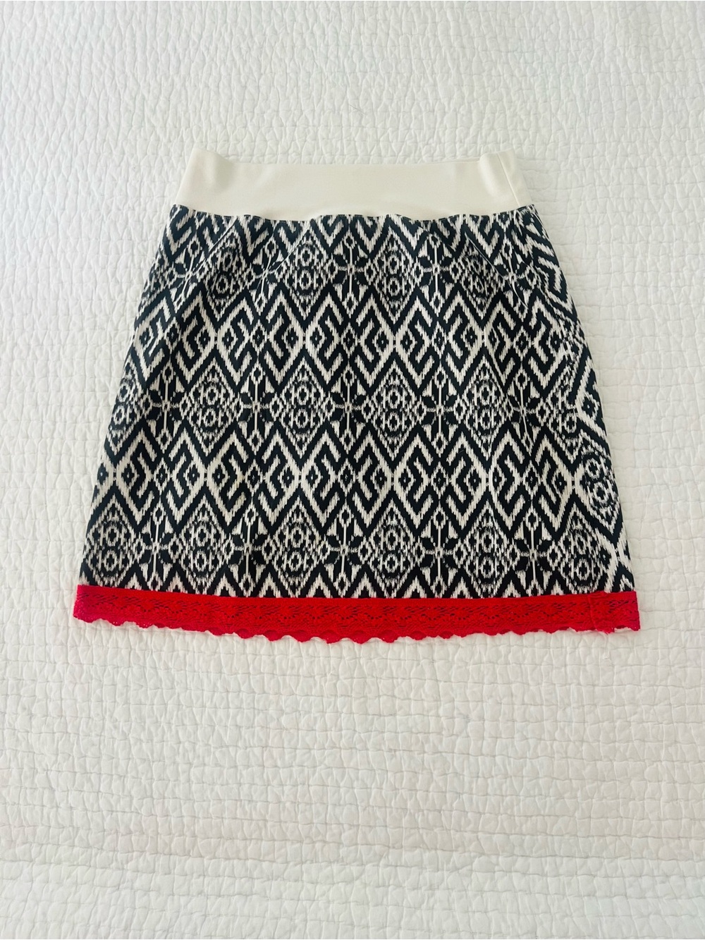 Black & White Geometric Mini Skirt with Red Hem